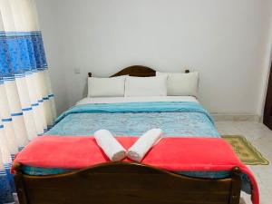 努沃勒埃利耶Shiny View的一张红色毯子上带两条白色毛巾的床
