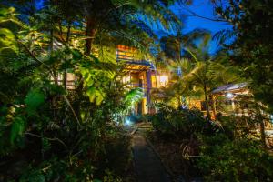 文森提亚Marazul Paradise Beach House- Panoramic Ocean Views的棕榈树和小路的夜间度假村