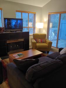 惠斯勒Tyndalstone Lodge的带沙发、电视和壁炉的客厅