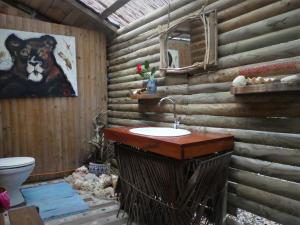 圣弗朗索瓦智慧加勒比度假屋的木墙内带水槽的浴室