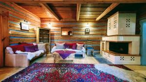 兹蒂尔Zdiar Holiday Cottage的客厅设有木墙和壁炉