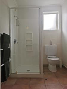 新普利茅斯Bks埃格蒙特汽车旅馆的带淋浴、卫生间和窗户的浴室