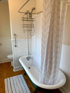 尤金Riverpath Inn的浴室设有带浴帘的浴缸