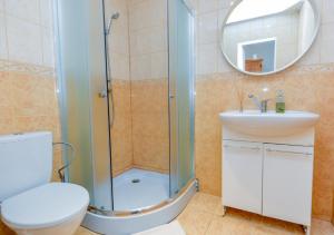 拉兹迪亚伊Guest House Simona的带淋浴、卫生间和盥洗盆的浴室