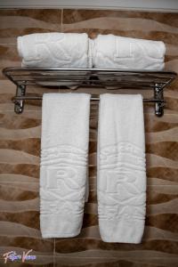 开罗Rehana Plaza Hotel的浴室毛巾架上的三条毛巾