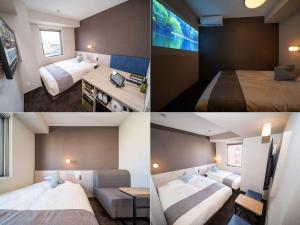 埼玉市Super Hotel Premier Saitama Higashiguchi的配有2张床的酒店客房的3张照片
