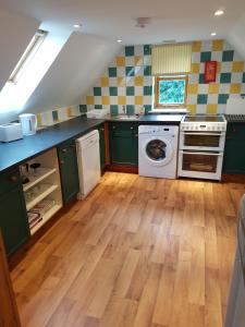 阿伯加文尼The Loft Apartment的厨房配有绿色橱柜、洗衣机和烘干机