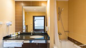 克拉科夫Qubus酒店的一间带水槽、淋浴和镜子的浴室