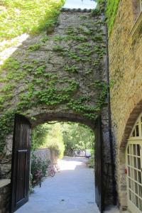 Madières榭托森酒店的砖墙中的拱门,有绿色常春藤