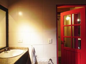 圣马丁德洛斯Sherpa Hostel的一间带水槽和红色门的浴室