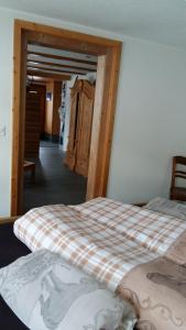 格林德尔瓦尔德巴格布里克木屋酒店的一间带两张床的卧室和走廊