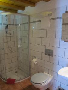 鲁斯特帕克布里克旅馆的带淋浴、卫生间和盥洗盆的浴室