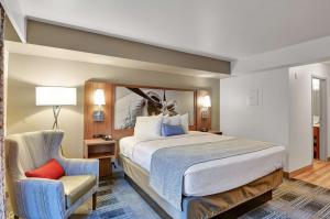 埃弗里特Executive Residency by Best Western Navigator Inn & Suites的配有一张床和一把椅子的酒店客房