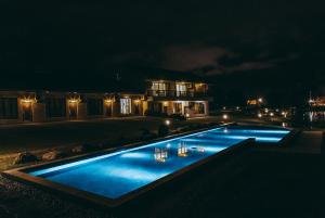 吉安夏洛克 Villa 民宿 的游泳池在晚上在房子前面亮起