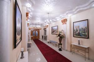 克拉约瓦克拉约瓦皇家酒店的走廊上挂着红地毯,墙上挂着绘画作品