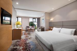顺义北京明豪华美达酒店（原北京明豪戴斯酒店）的一间带大床的卧室和一间客厅