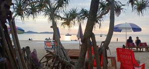班柯木MOOK BOONCHU HOTEL的海滩上设有椅子和遮阳伞,棕榈树