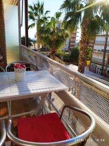 罗达德瓦拉ENCANTADOR apartamento frente a la playa de Bara的棕榈树阳台的桌椅