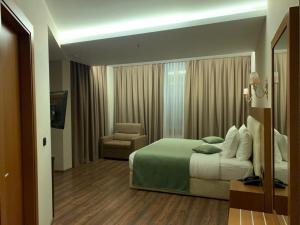 地拉那Albanopolis Hotel的配有一张床和一把椅子的酒店客房