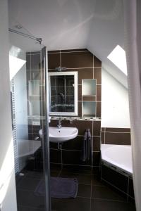 奥斯纳布吕克Time2Lounge的浴室配有水槽、淋浴和浴缸。