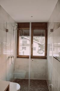 帕尔潘Am Heimberg Skilift - Mullers x Kandahar Suite的带淋浴和卫生间的浴室以及窗户。