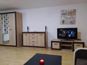 贝内茨科Apartment Benecko 124的一间带电视和蜡烛的客厅