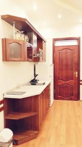 顿河畔罗斯托夫洲际大酒店的厨房配有木制橱柜、水槽和门