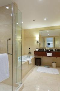 马尼拉Raffles Makati的带淋浴、盥洗盆和镜子的浴室