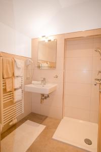 圣安东阿尔贝格Haus Hamatli的浴室配有盥洗盆和带镜子的淋浴