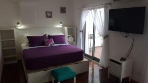 科尔多瓦Luminoso Depto con terraza propia y en la mejor ubicación的一间卧室配有一张紫色的床和一台电视机
