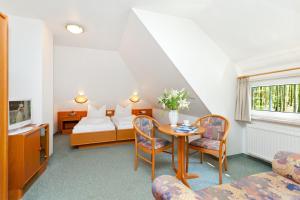 萨斯尼茨Restaurant & Hotel Baumhaus Hagen的酒店客房带一张床、一张桌子和椅子