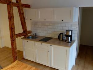 爱尔福特Altstadt Apartment Erfurt的小厨房配有白色橱柜和水槽