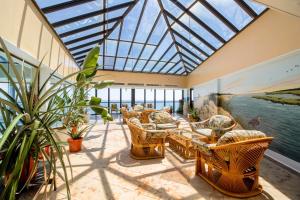 大洋城Golden Sands的一个带天窗、椅子和植物的温室