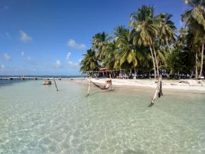 WaisalatupoPrivate Room in San Blas Islands PLUS meals的棕榈树海滩和水中躺着的女人