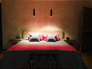 巴耶德布拉沃Múbú Hotel Boutique的卧室配有带粉色和白色枕头的大床