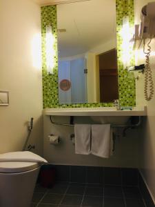 万象宜必思万象南富酒店的一间带卫生间、水槽和镜子的浴室