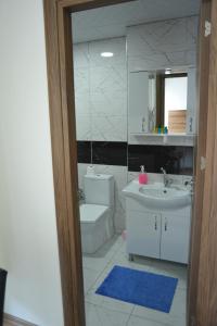 伊兹密尔Yeşilyurt Residence的一间带水槽、卫生间和镜子的浴室