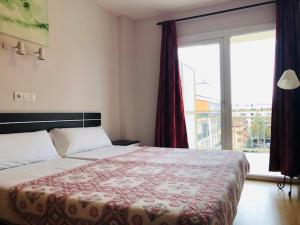 福恩吉罗拉Apartamentos Turísticos Yamasol的一间卧室设有一张床和一个大窗户