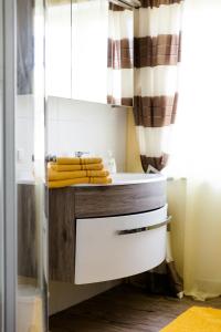 阿特湖畔施泰因巴赫Wohnung am See的浴室配有盥洗盆和带毛巾的台面。