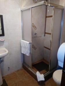 基多Hotel Saint Thomas的带淋浴、水槽和卫生间的浴室