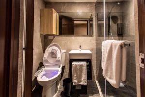 中正阿里山神木宾馆 的一间带卫生间和水槽的小浴室