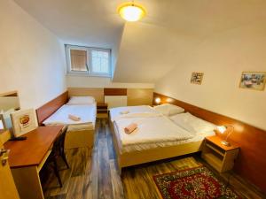 布布拉瓦斯维克餐厅酒店的小型客房配有2张床、书桌和书桌。