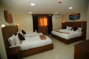 瓦迪穆萨Petra Aretas Hotel的一间酒店客房,房间内设有两张床
