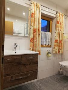 利恩茨Haus Grünbacher的一间带水槽和卫生间的浴室以及窗户。