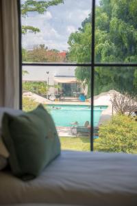 利隆圭Latitude 13 Degrees的卧室窗户享有游泳池的景致
