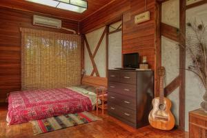 石垣岛435的一间卧室配有一张床、一台电视和吉他