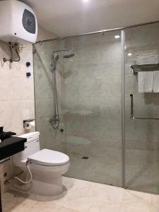 太原省Tung Duong Hotel的浴室设有玻璃淋浴间和卫生间