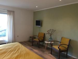 Wehe-den Hoorn兰德贾德维根合德酒店的一间带两把椅子和一张床的卧室以及一台电视