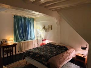 鲁昂Maison hypercentre Rouen tout confort的一间卧室配有床和蓝色窗帘的窗户