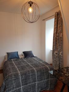 蒙斯特ATELIER ART DECHO的一间卧室配有一张床和一个吊灯